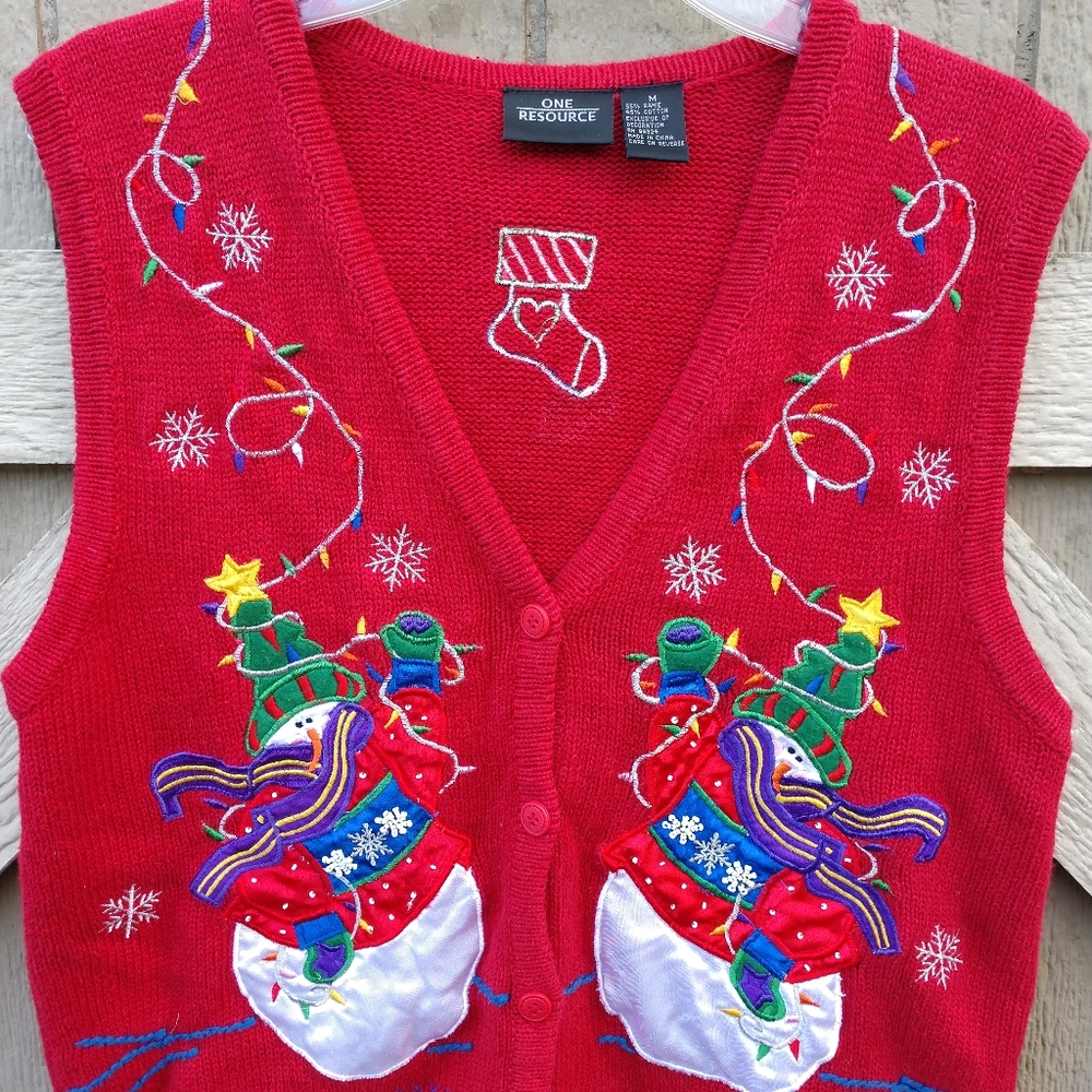 One Resource Red, Sweater Christmas vest, snowmen - Picture 4 of 5